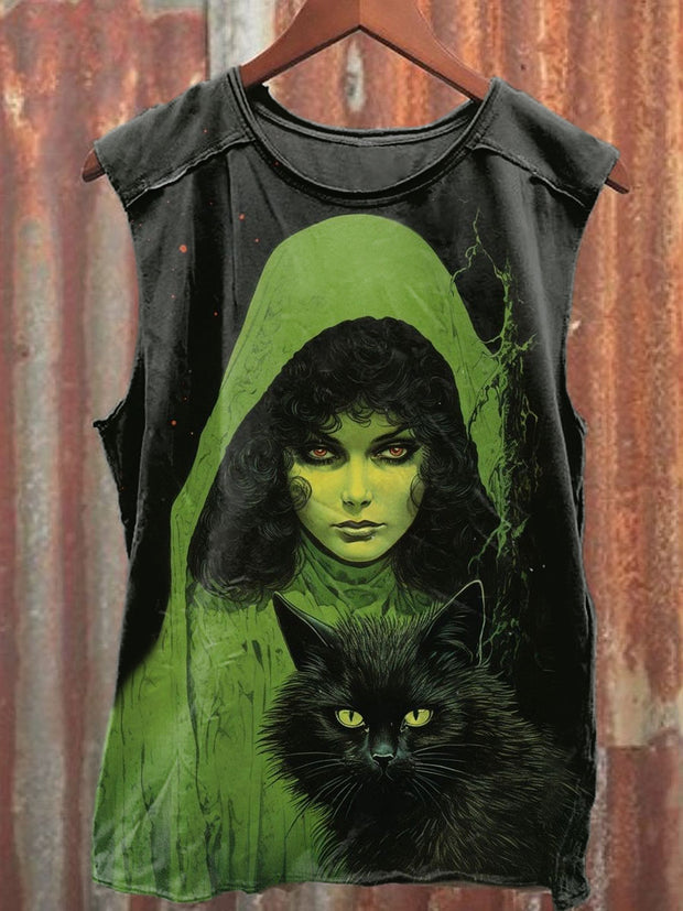 Unisex Horror Cat Art Illustration Printed Casual Cotton Tank Top