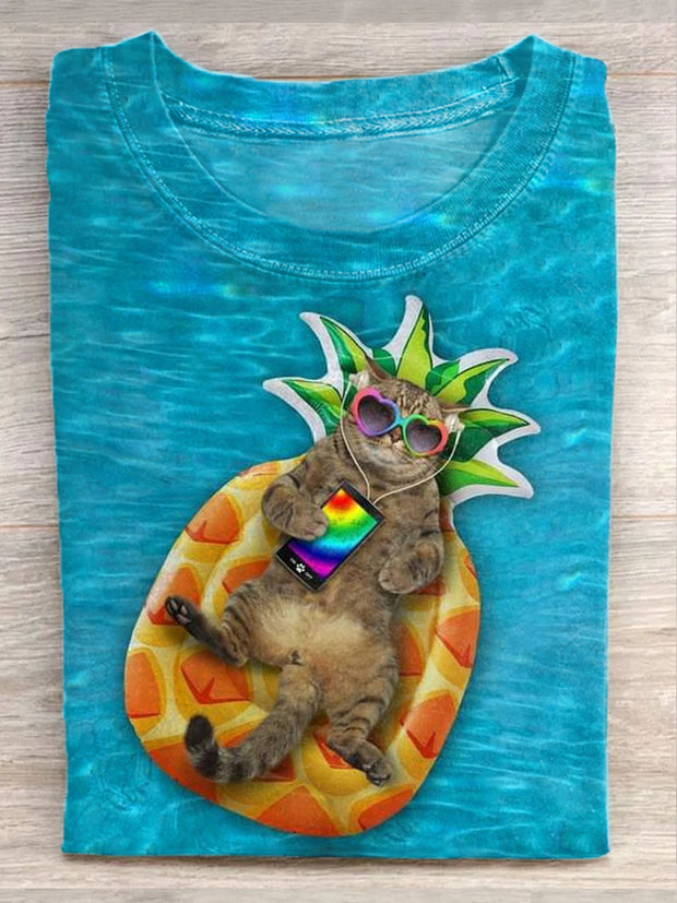 Unisex Beach Cat Vacation Art Illustration Printed Casual T-Shirt