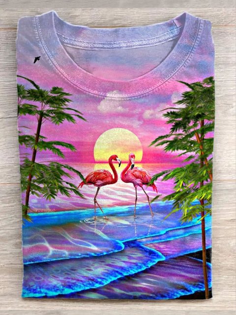 Unisex Summer Sunset Flamingo Art Illustration Print Casual T-Shirt