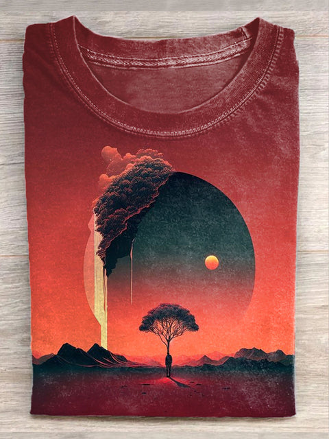 Unisex Sunset Landscape Art Illustration Print Casual Round Neck T-Shirt