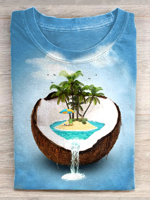 Unisex Funny Coconut Beach Art Illustration Print Casual T-Shirt