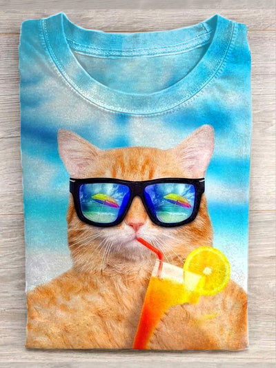 Unisex Beach Vacation Cat Art Illustration Print Casual T-Shirt