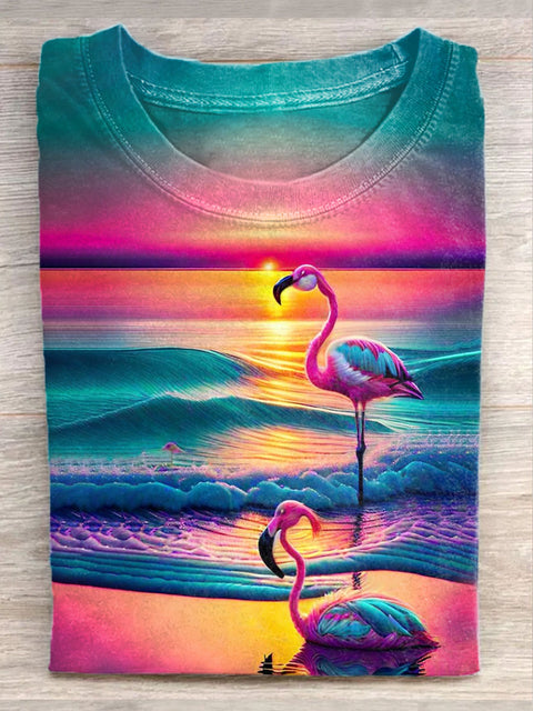 Unisex Summer Sunset Flamingo Art Illustration Print Casual T-Shirt