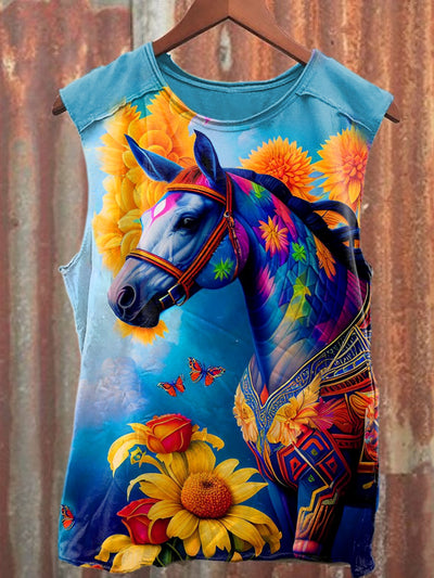 Unisex Fantasy Floral Horse Art Illustration Printed Casual Tank Top