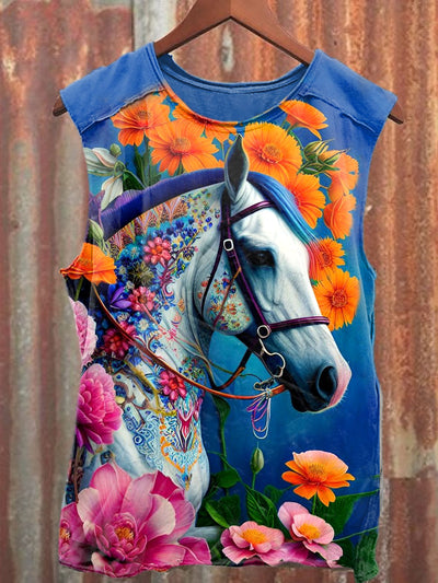 Unisex Fantasy Floral Horse Art Illustration Printed Casual Tank Top