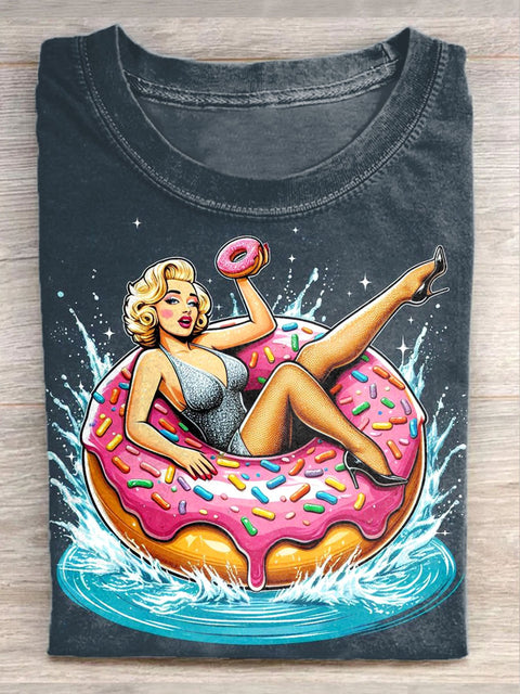 Unisex Funny Donut Art Illustration Printed Casual Cotton Crew Neck T-Shirt