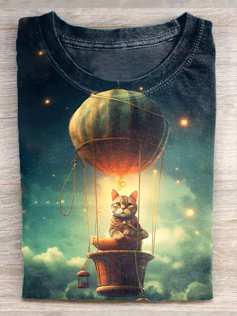 Unisex Cute Cat Art Illustration Print Casual Cotton Round Neck T-Shirt