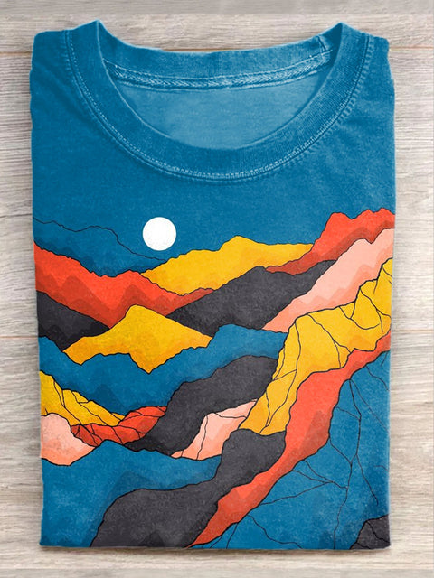 Unisex Abstract Landscape Art Illustration Printed Casual Cotton T-Shirt