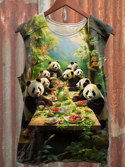 Unisex Panda Party Art Illustration Printed Casual Cotton Tank Top