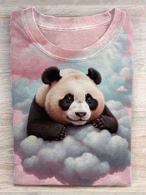 Unisex Cute Panda Art Illustration Print Casual Cotton Round Neck T-shirt