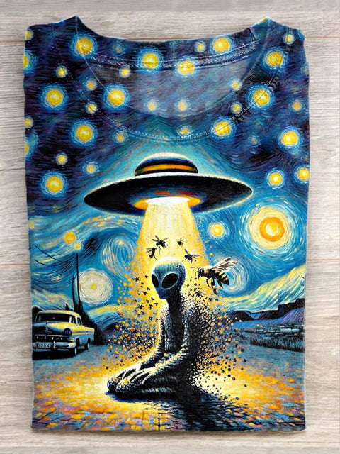 Unisex Psychedelic Alien Art Oil Painting Pattern Casual Crew Neck T-Shirt