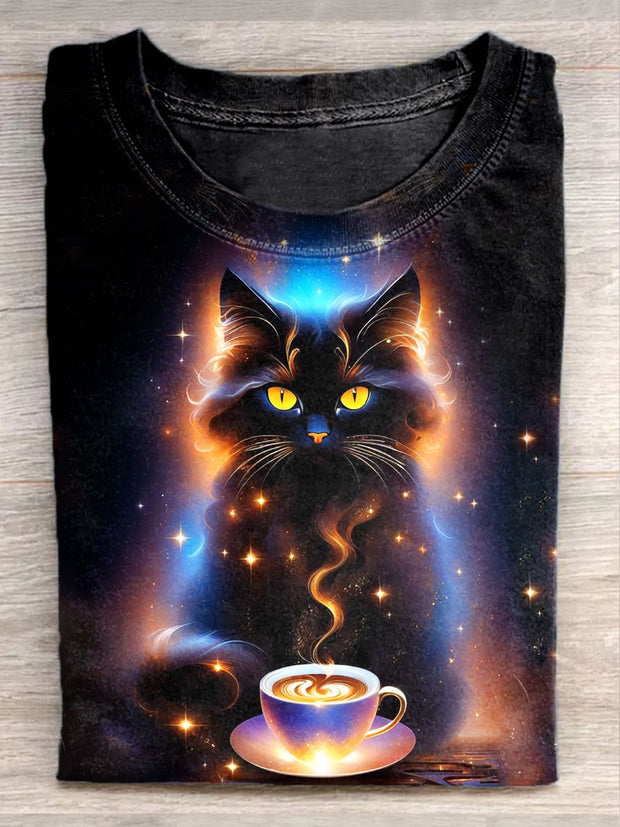 Unisex Fantasy Cat Art Illustration Printed Casual Crew Neck T-Shirt