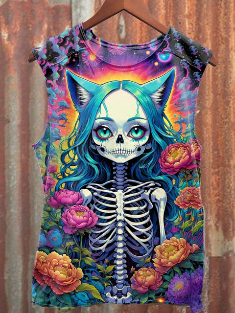 Unisex Skeleton Art Illustration Printed Casual Cotton Tank Top