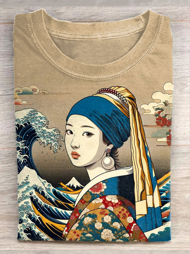 Unisex Girl with Pearl Earrings Art Illustration Casual Cotton Round Neck T-Shirt