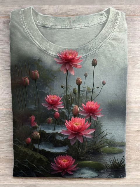 Unisex Fantasy Lotus Art Illustration Printed Casual Cotton T-Shirt