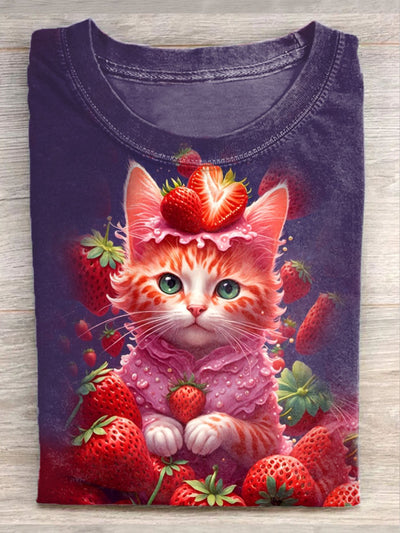 Unisex Greedy Cat Art Illustration Printed Casual Cotton T-shirt