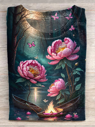 Unisex Fantasy Lotus Art Illustration Printed Casual Cotton T-Shirt