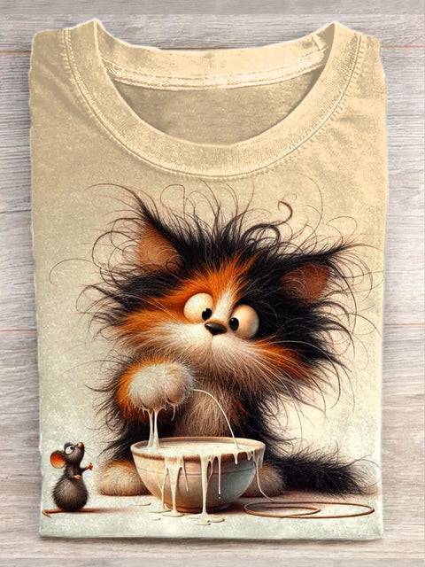 Unisex Cute Messy Cat Art Illustration Printed Casual Cotton Crew Neck T-Shirt