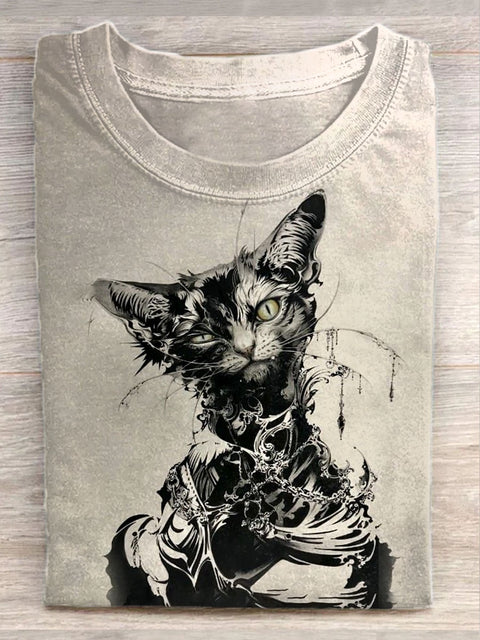 Unisex Gothic Dark Cat Art Illustration Printed Casual Cotton Crew Neck T-Shirt