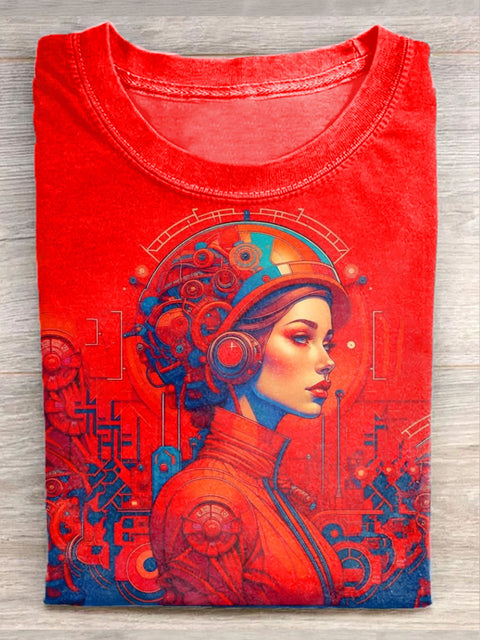 Unisex Retro Female Astronaut Art Illustration Printed Casual Cotton Round Neck T-Shirt