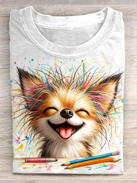 Unisex Line Cute Puppy Illustration Printed Casual Cotton Round Neck T-shirt