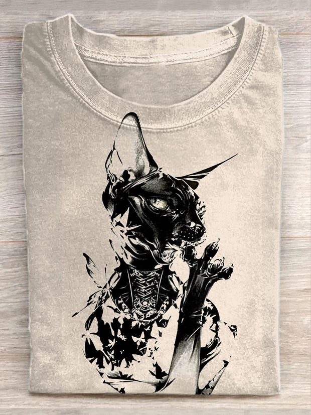 Unisex Gothic Dark Cat Art Illustration Printed Casual Cotton Crew Neck T-Shirt