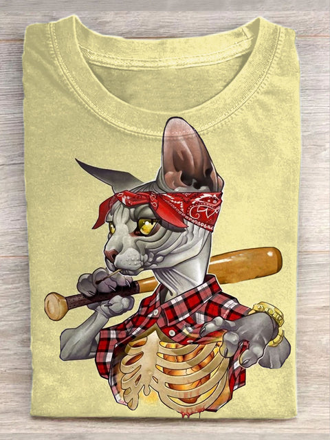 Unisex Hip Hop Cat Art Illustration Printed Casual Cotton Crew Neck T-Shirt