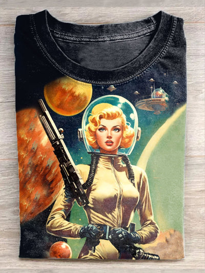 Unisex Retro Female Astronaut Art Illustration Printed Casual Cotton Round Neck T-Shirt