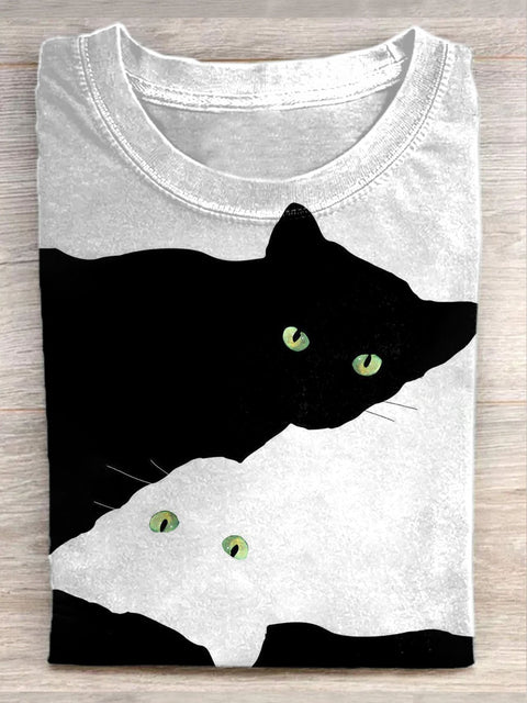 Unisex Cute Cat Art Illustration Printed Casual Cotton Crew Neck T-Shirt