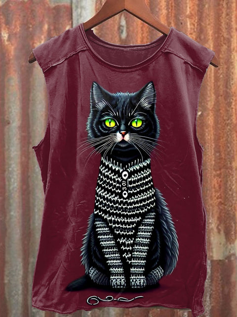 Unisex Retro Cute Cat Art Illustration Printed Casual Cotton Tank Top