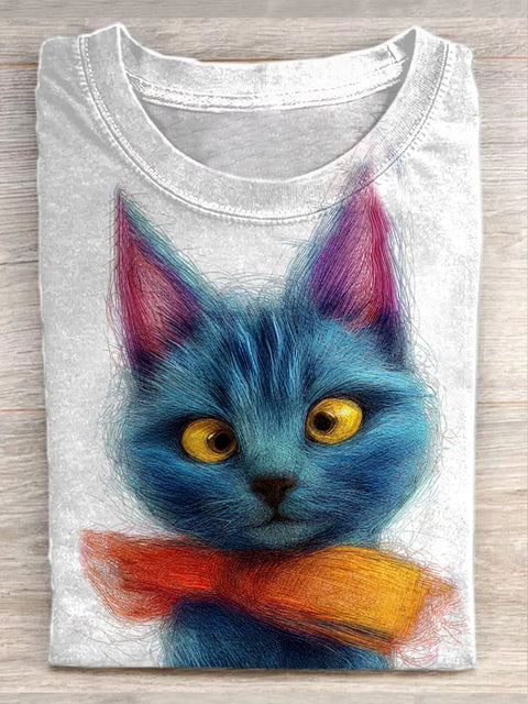 Unisex Cute Line Cat Art Graffiti Illustration Casual Cotton Round Neck T-Shirt