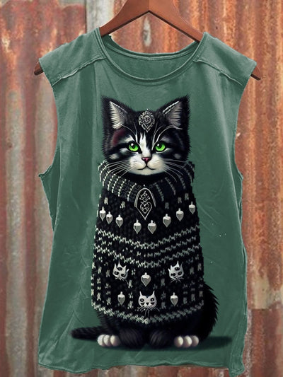 Unisex Retro Cute Cat Art Illustration Printed Casual Cotton Tank Top