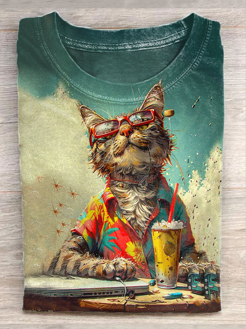 Unisex Summer Vacation Cat Art Illustration Printed Casual Cotton Round Neck T-Shirt