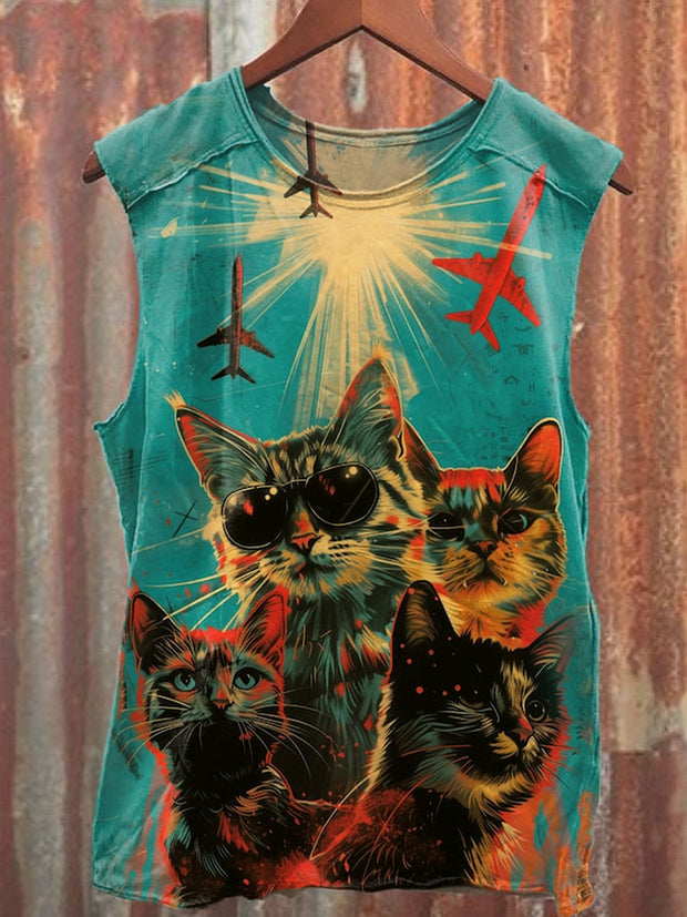 Unisex Retro Sci-Fi Cat Art Graffiti Illustration Casual Cotton Tank Top