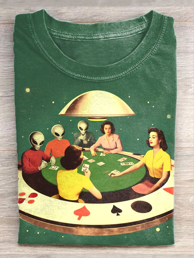 Unisex Retro Sci-Fi Art Illustration Printed Casual Cotton Round Neck T-Shirt