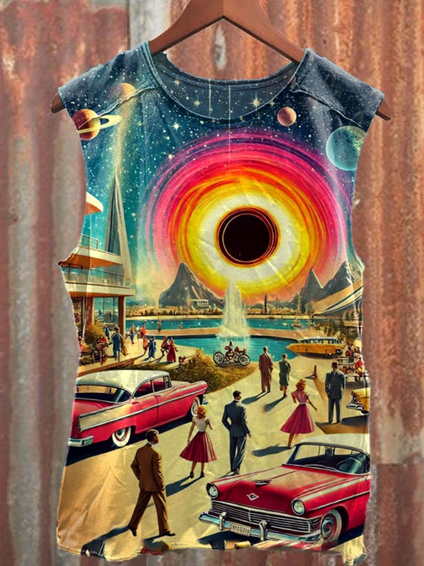 Unisex Retro Sci-Fi Art Illustration Printed Casual Cotton Tank Top