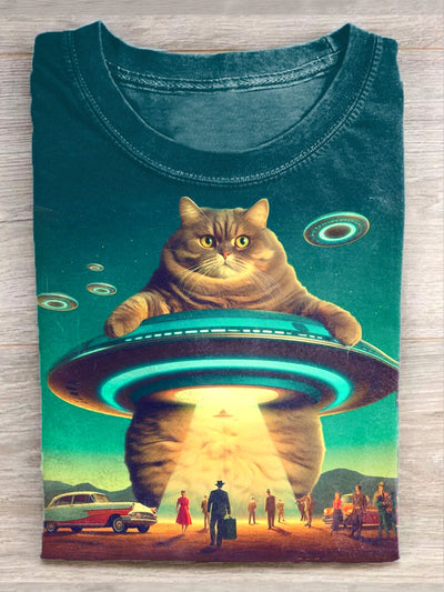 Unisex Retro Sci-Fi Cat Art Illustration Printed Casual Cotton Round Neck T-Shirt