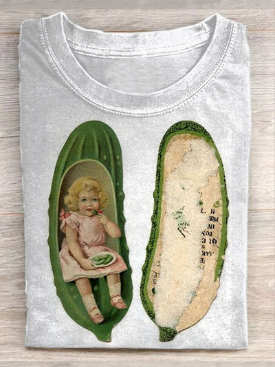 Unisex Funny Pickle Cucumber Art Illustration Printed Casual Cotton Crew Neck T-Shirt