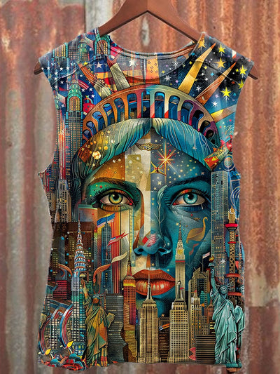 Unisex Vintage Statue of Liberty Art Graffiti Illustration Casual Cotton Tank Top