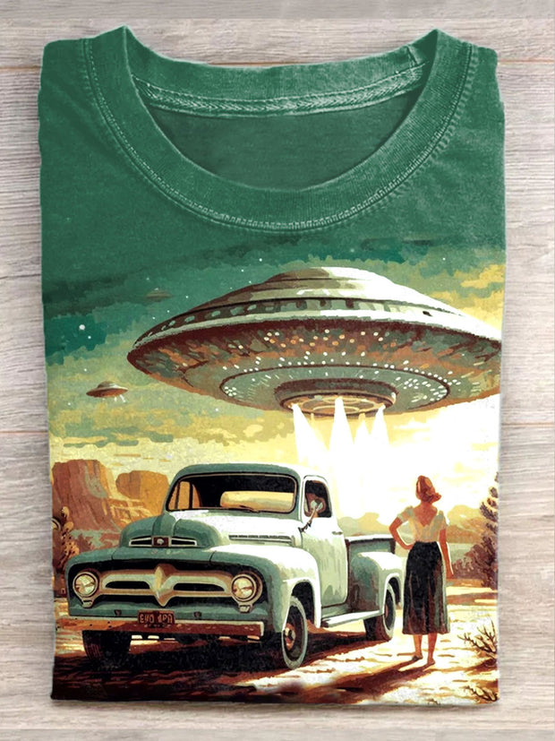 Unisex Retro Sci-Fi Art Illustration Printed Casual Cotton Round Neck T-Shirt