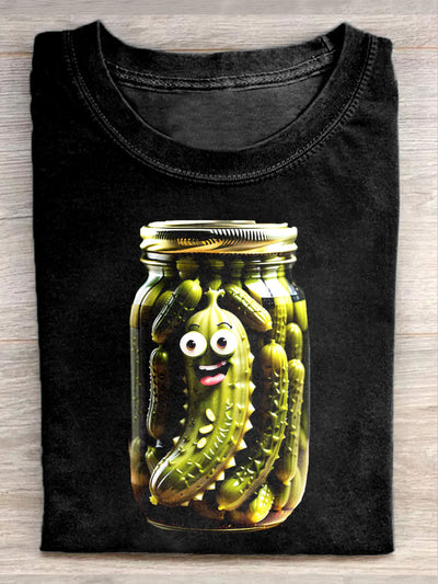 Unisex Funny Pickle Cucumber Art Illustration Printed Casual Cotton Crew Neck T-Shirt