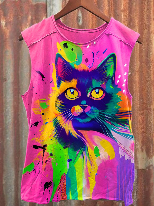 Unisex Retro Colorful Cat Art Illustration Printed Casual Cotton Tank Top