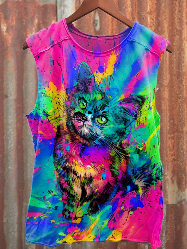 Unisex Retro Colorful Cat Art Illustration Printed Casual Cotton Tank Top