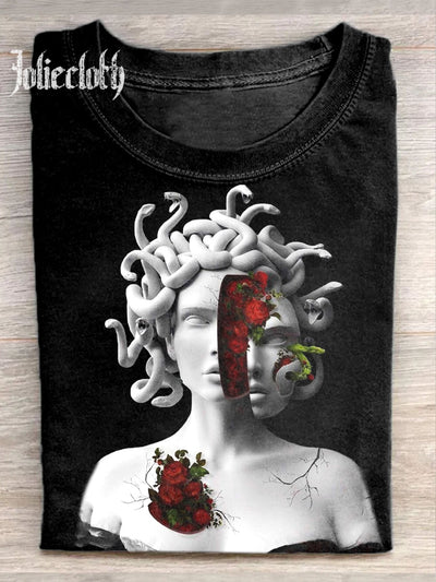 Unisex Medusa Plaster Statue Art Illustration Printed Casual Cotton Crew Neck T-Shirt