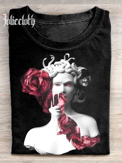 Unisex Medusa Plaster Statue Art Illustration Printed Casual Cotton Crew Neck T-Shirt