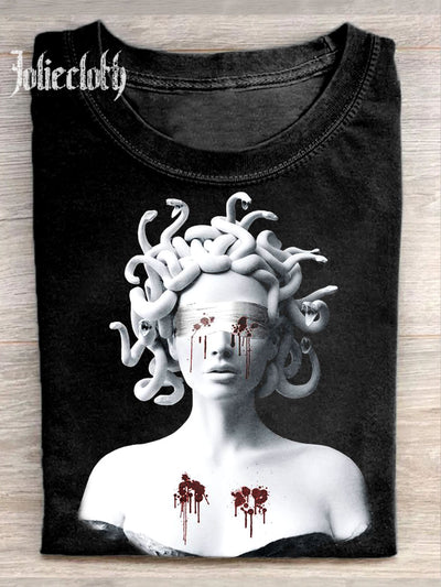 Unisex Medusa Plaster Statue Art Illustration Printed Casual Cotton Crew Neck T-Shirt