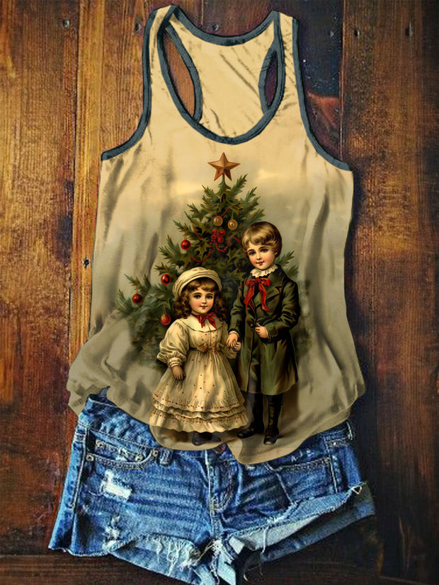 Unisex Retro Christmas Art Illustration Printed Casual Cotton Tank Top