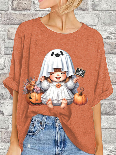 Women's Halloween Cartoon Illustration Printed Casual Short Sleeve T-shirt