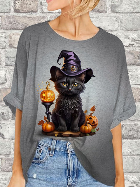 Women's Cute Halloween Cat Print Casual Short Sleeve T-Shirt