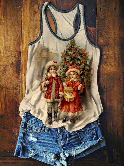 Unisex Retro Christmas Art Illustration Printed Casual Cotton Tank Top